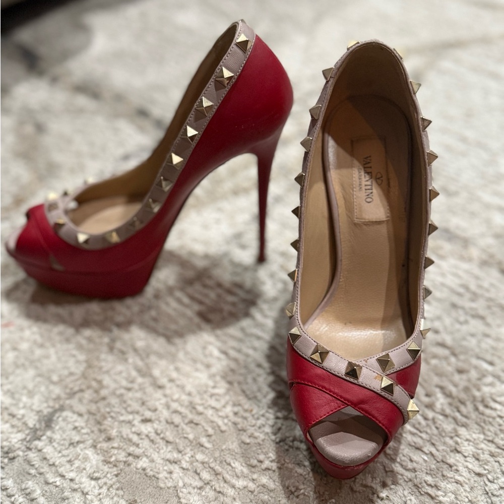 Valentino Red Studded Peep-Toe Heels